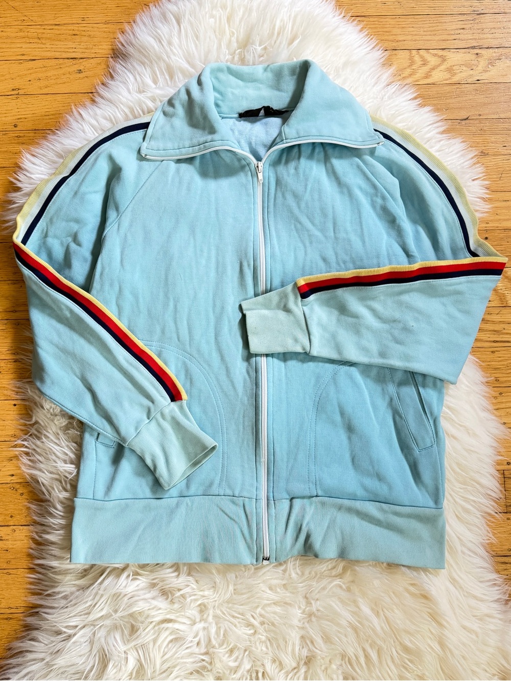 vintage 1970s light blue rainbow track athletic collar zip jacket small medium